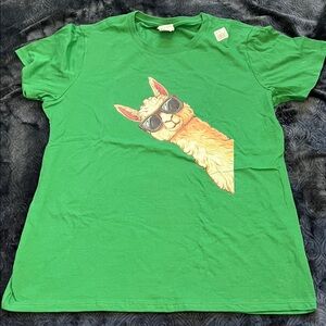 Cool Llama in Sunglasses Green Tshirt (Ladies L)